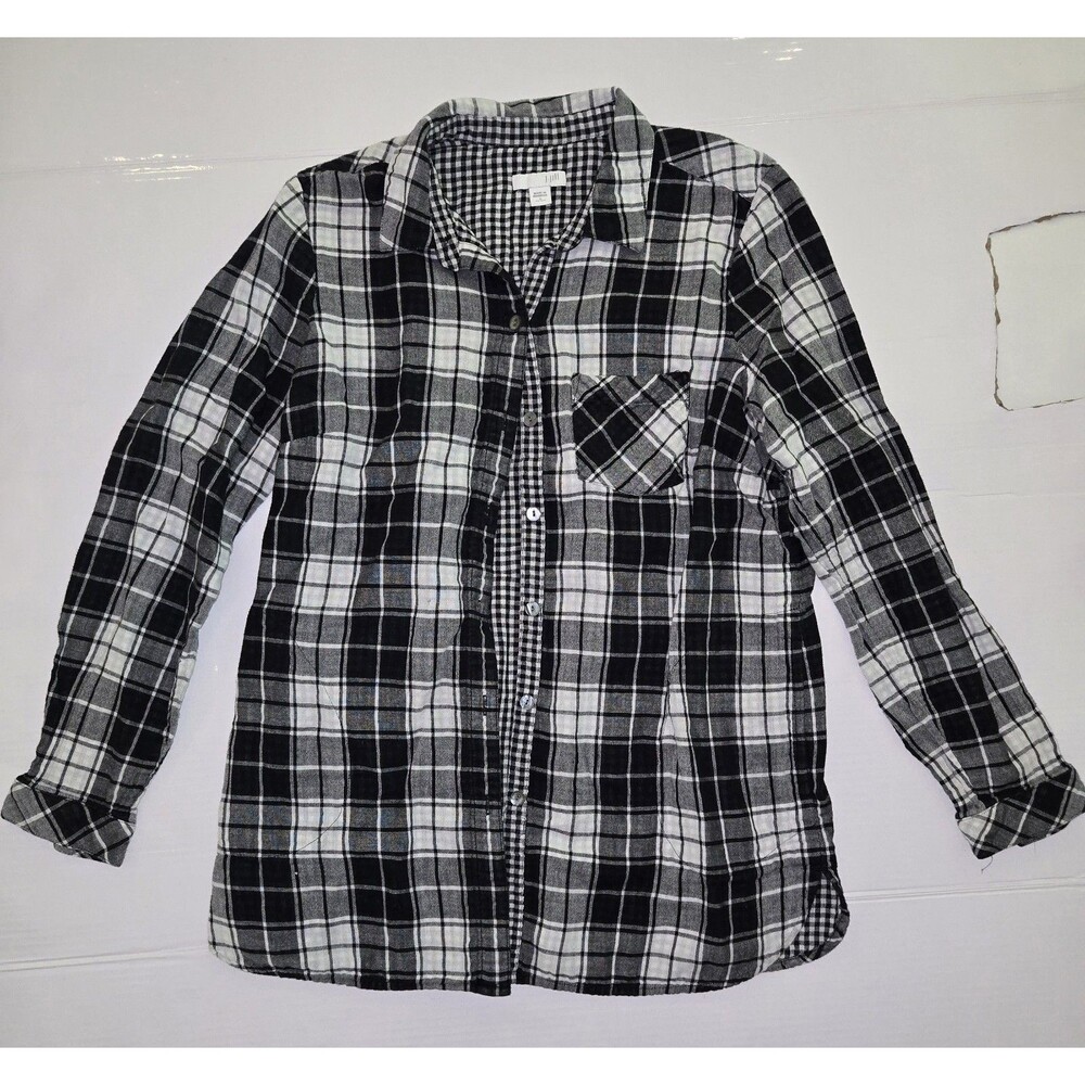 J. Jill Black White Plaid Woven Button-Up Shirt Collared Petite S Long Sleeve